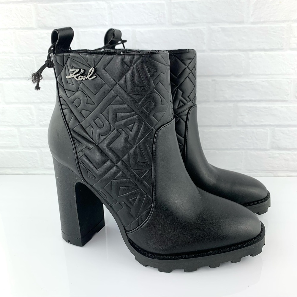 NEW! Karl Lagerfeld Paris Petria Black Logo Quilted Zip Ankle Boots Size 6.5